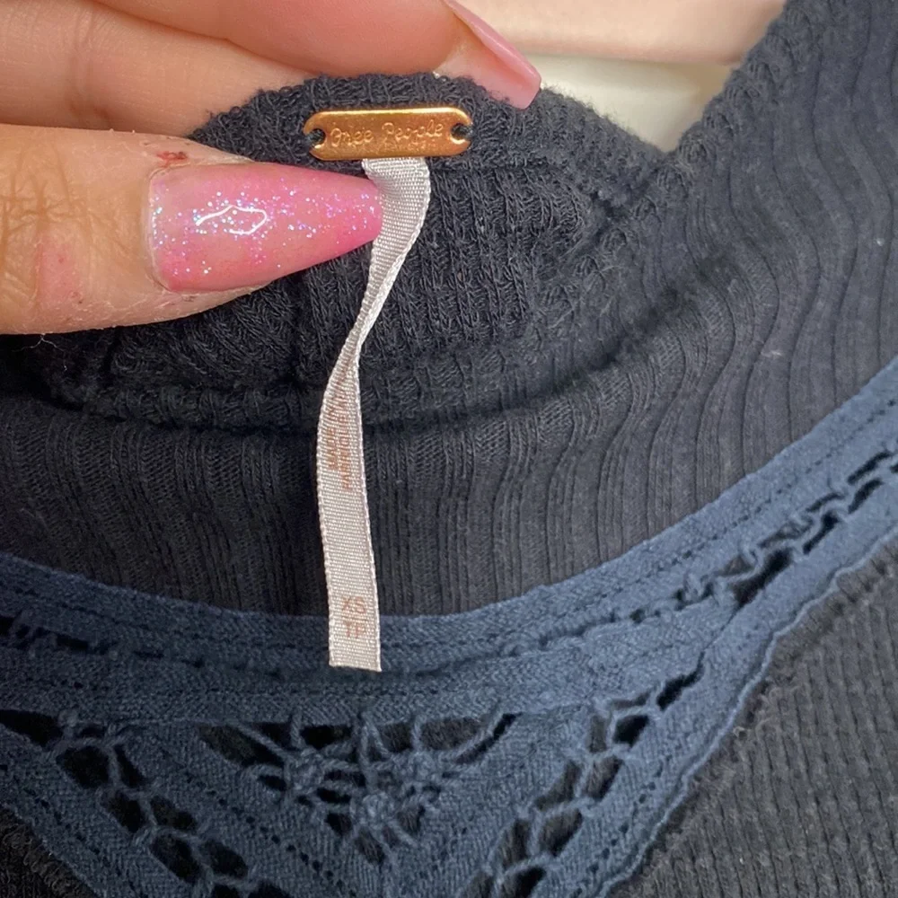 Free People‎ Lace Oversized Black Waffle Knit Thermal